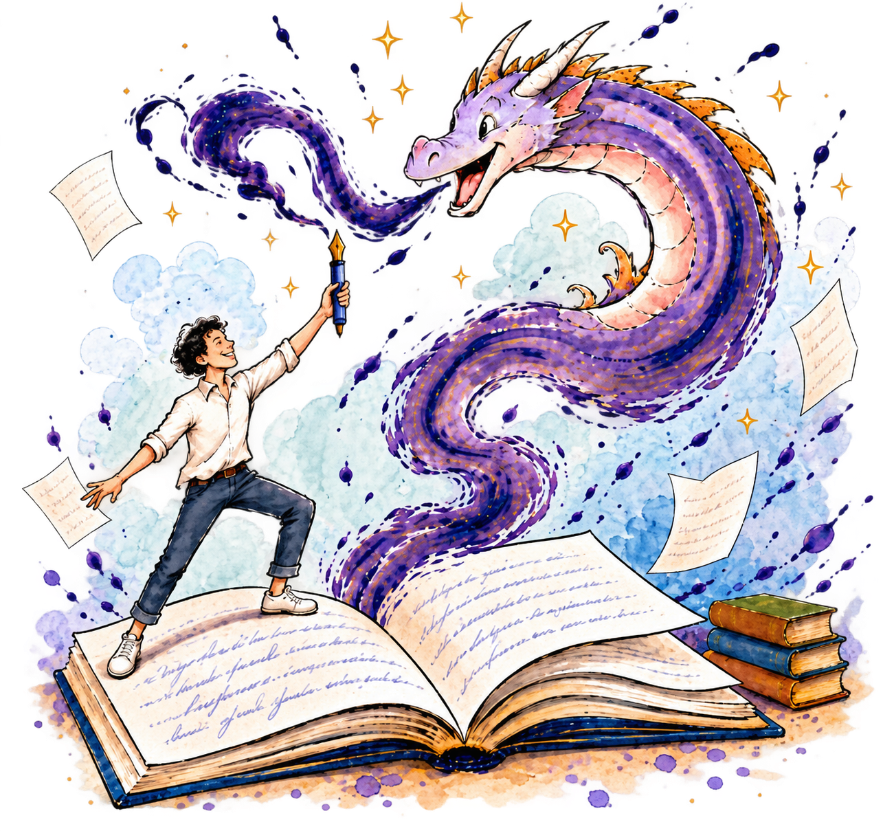 Un auteur, plume levée, fait surgir un dragon d’encre d’un livre ouvert
